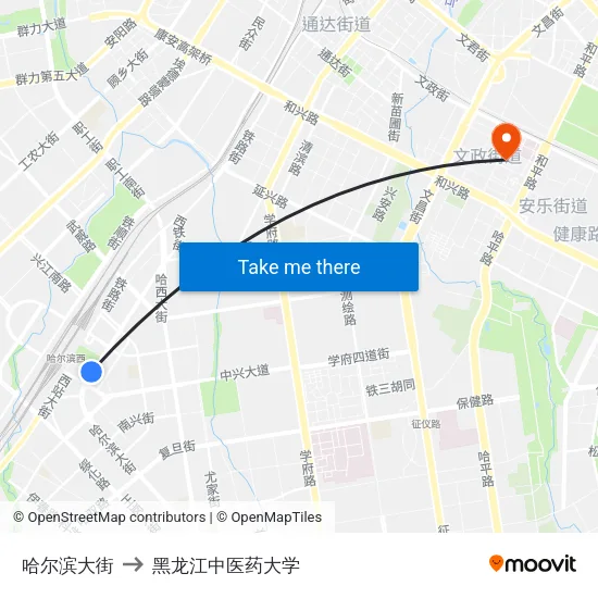 哈尔滨大街 to 黑龙江中医药大学 map