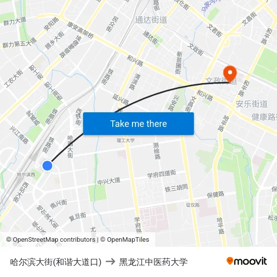 哈尔滨大街(和谐大道口) to 黑龙江中医药大学 map