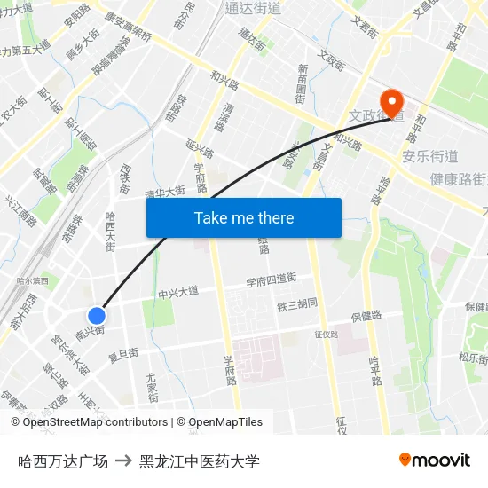 哈西万达广场 to 黑龙江中医药大学 map
