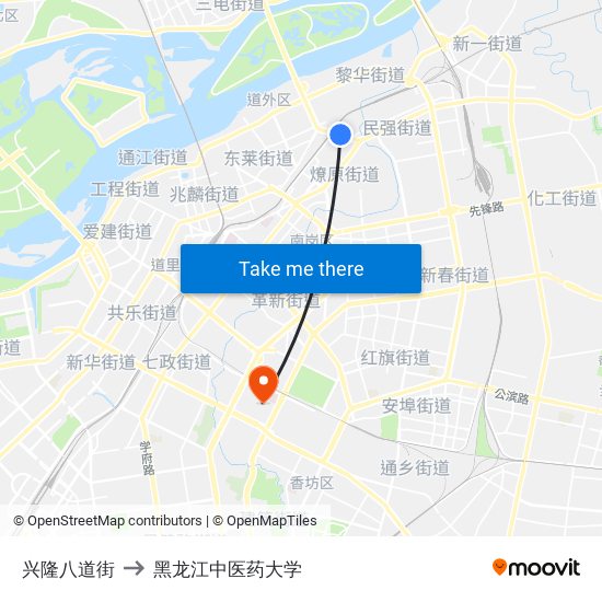 兴隆八道街 to 黑龙江中医药大学 map