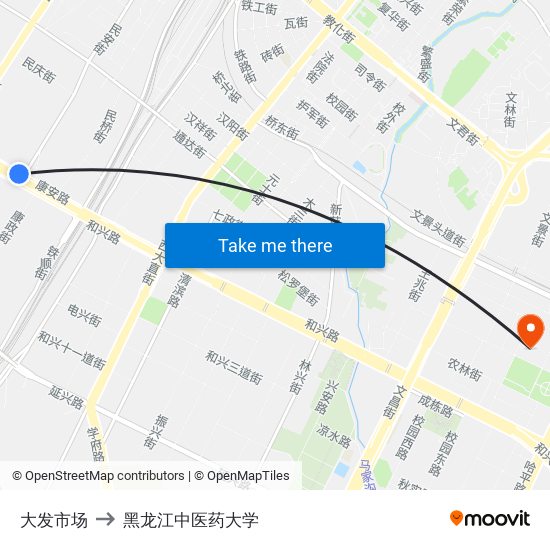 大发市场 to 黑龙江中医药大学 map