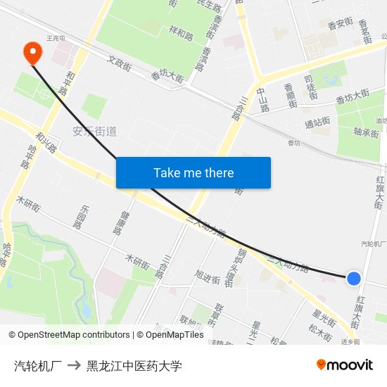 汽轮机厂 to 黑龙江中医药大学 map