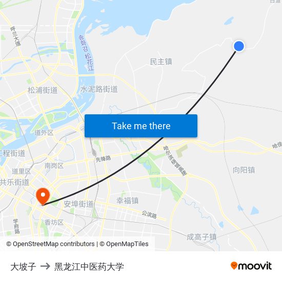 大坡子 to 黑龙江中医药大学 map