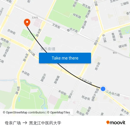 母亲广场 to 黑龙江中医药大学 map