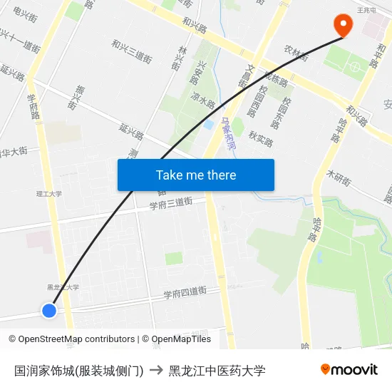 国润家饰城(服装城侧门) to 黑龙江中医药大学 map