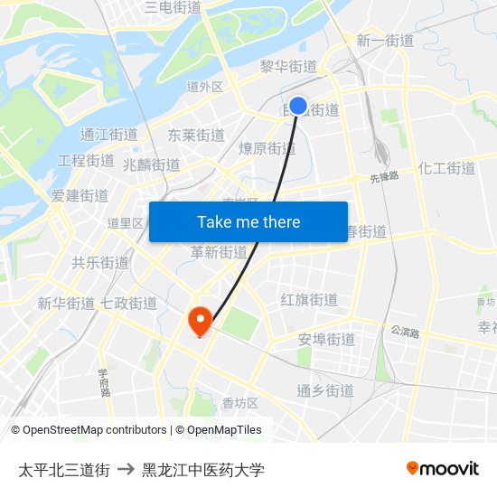 太平北三道街 to 黑龙江中医药大学 map