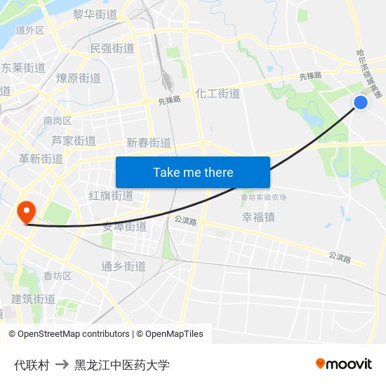 代联村 to 黑龙江中医药大学 map