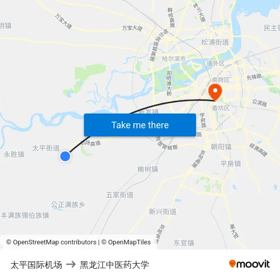太平国际机场 to 黑龙江中医药大学 map