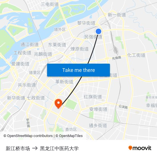 新江桥市场 to 黑龙江中医药大学 map