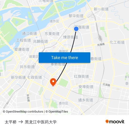 太平桥 to 黑龙江中医药大学 map