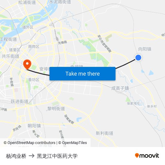 杨鸿业桥 to 黑龙江中医药大学 map