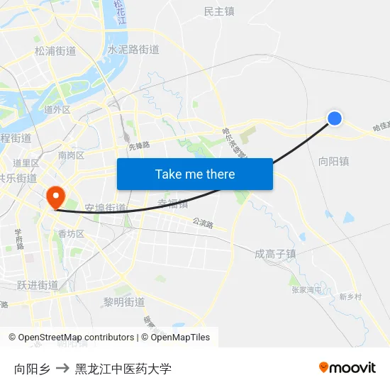 向阳乡 to 黑龙江中医药大学 map