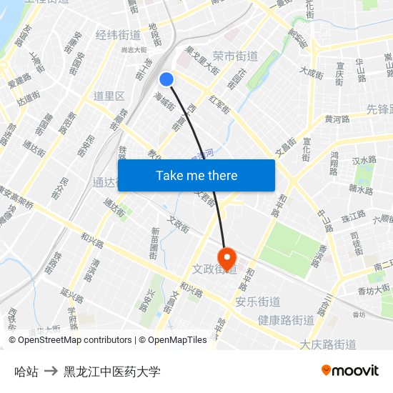 哈站 to 黑龙江中医药大学 map