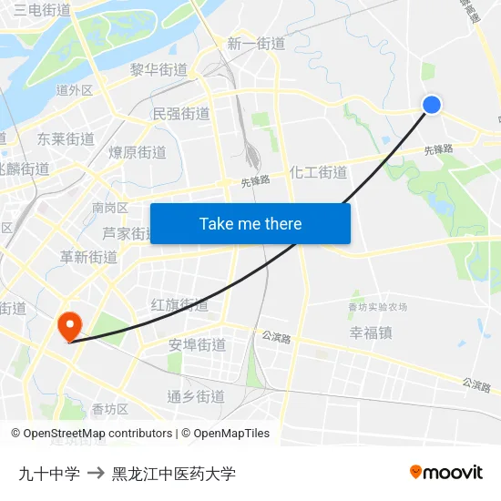 九十中学 to 黑龙江中医药大学 map