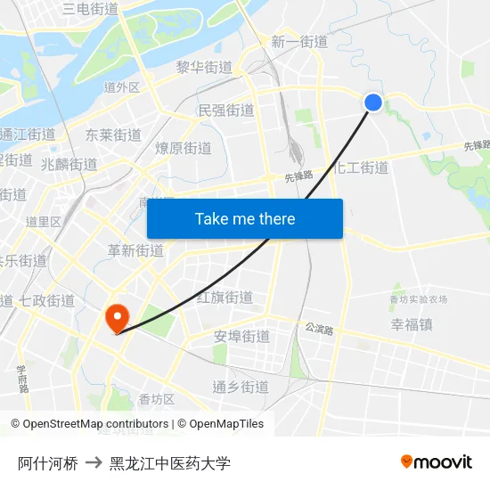 阿什河桥 to 黑龙江中医药大学 map
