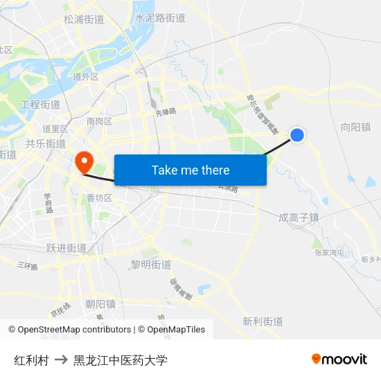 红利村 to 黑龙江中医药大学 map