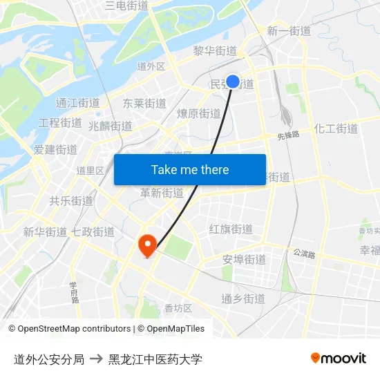 道外公安分局 to 黑龙江中医药大学 map
