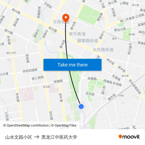 山水文园小区 to 黑龙江中医药大学 map