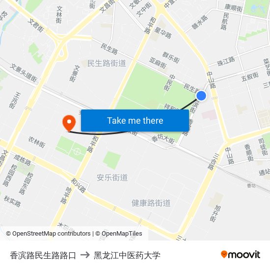 香滨路民生路路口 to 黑龙江中医药大学 map