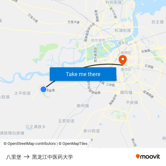 八里堡 to 黑龙江中医药大学 map