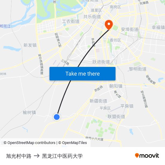 旭光村中路 to 黑龙江中医药大学 map