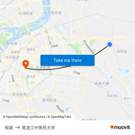 程家 to 黑龙江中医药大学 map