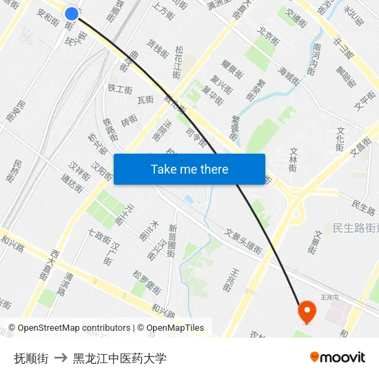 抚顺街 to 黑龙江中医药大学 map