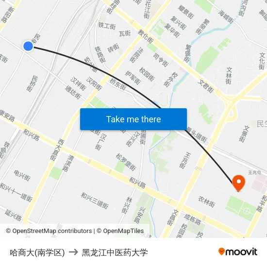 哈商大(南学区) to 黑龙江中医药大学 map