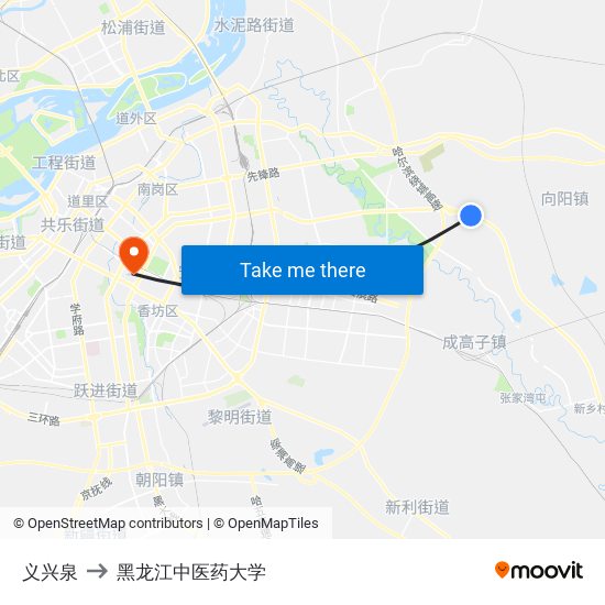 义兴泉 to 黑龙江中医药大学 map