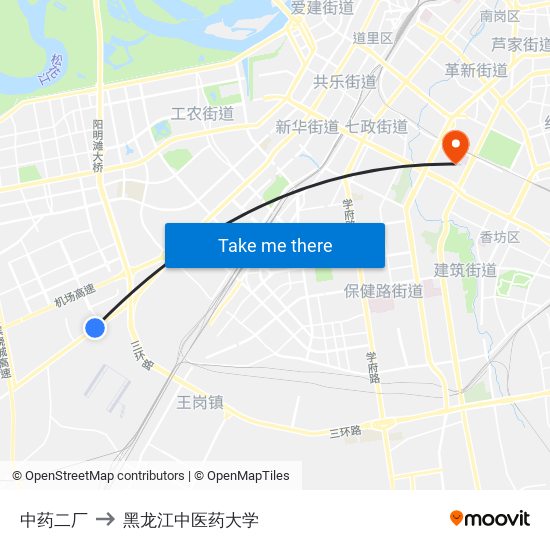 中药二厂 to 黑龙江中医药大学 map