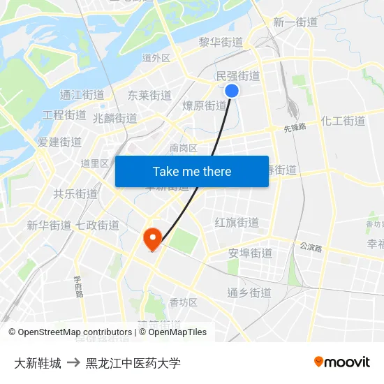 大新鞋城 to 黑龙江中医药大学 map