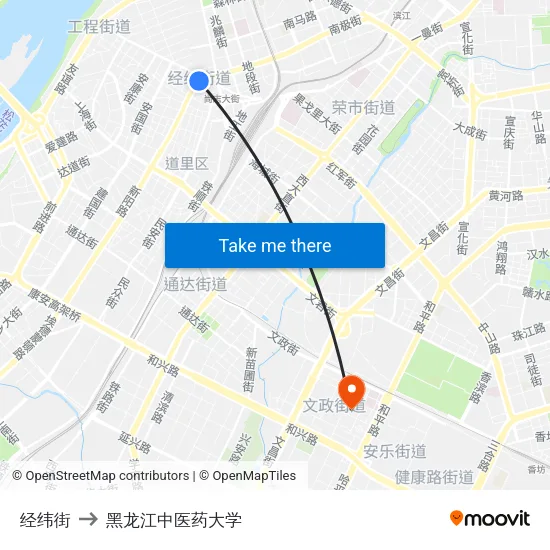 经纬街 to 黑龙江中医药大学 map