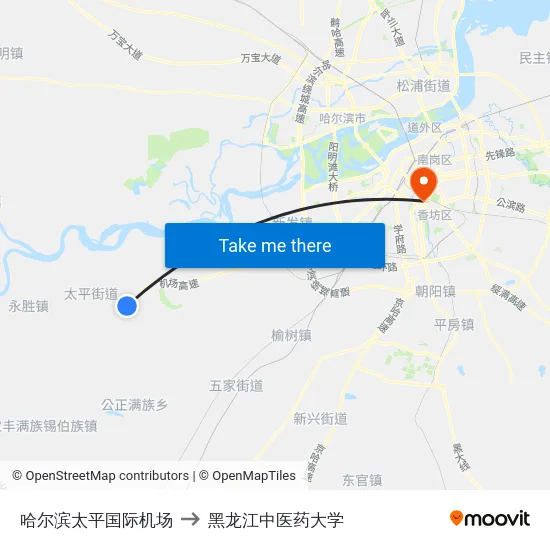 哈尔滨太平国际机场 to 黑龙江中医药大学 map
