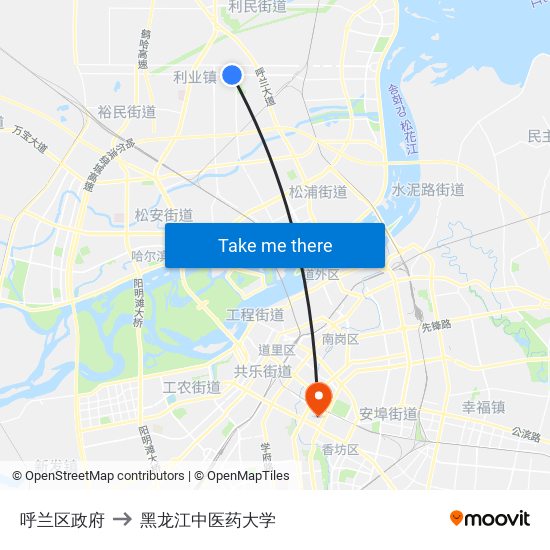 呼兰区政府 to 黑龙江中医药大学 map