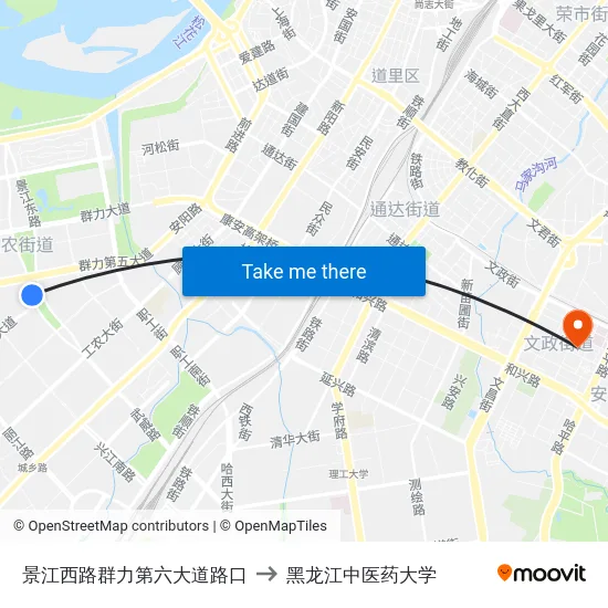 景江西路群力第六大道路口 to 黑龙江中医药大学 map