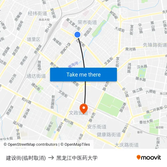 建设街(临时取消) to 黑龙江中医药大学 map