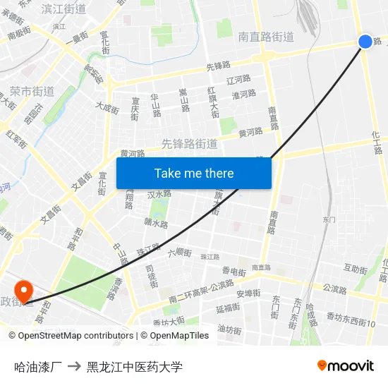 哈油漆厂 to 黑龙江中医药大学 map