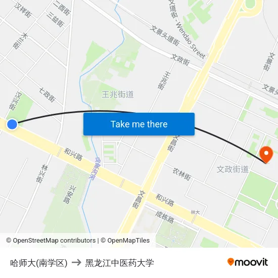 哈师大(南学区) to 黑龙江中医药大学 map