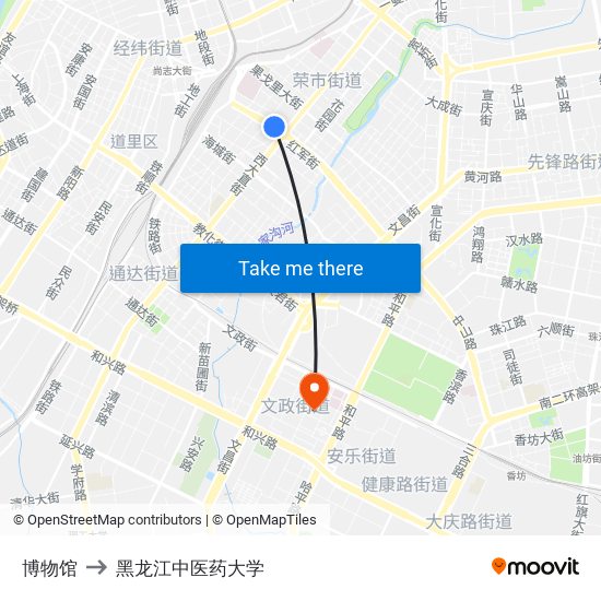 博物馆 to 黑龙江中医药大学 map