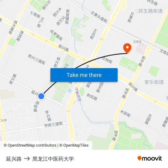 延兴路 to 黑龙江中医药大学 map