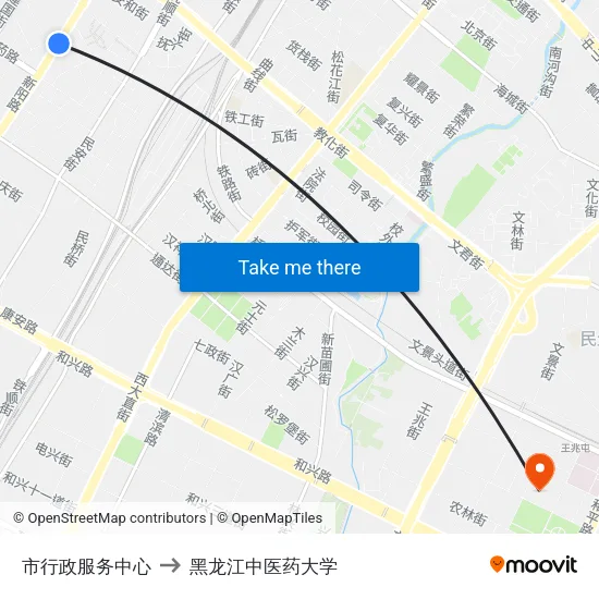 市行政服务中心 to 黑龙江中医药大学 map