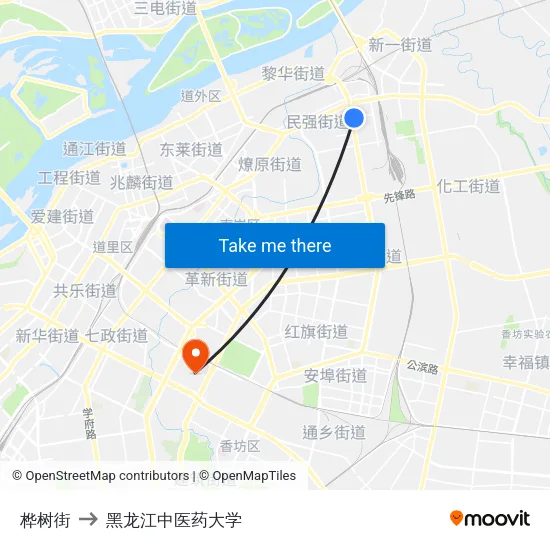 桦树街 to 黑龙江中医药大学 map