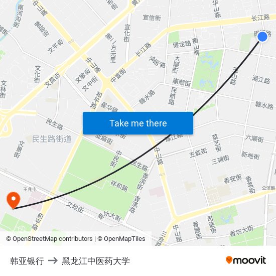 韩亚银行 to 黑龙江中医药大学 map