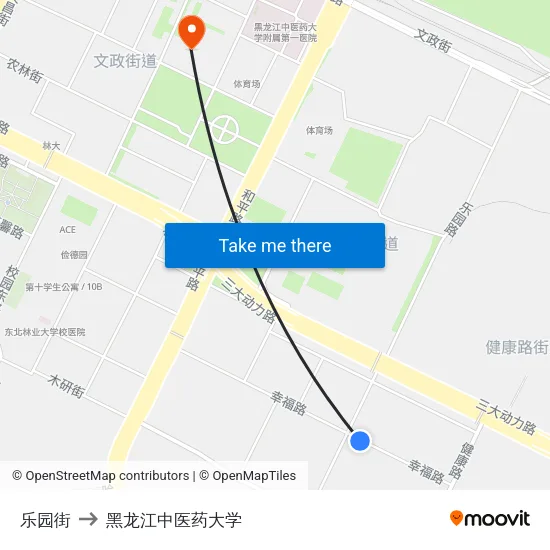 乐园街 to 黑龙江中医药大学 map