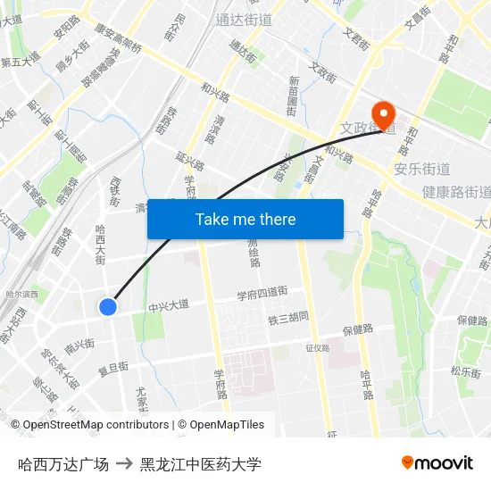 哈西万达广场 to 黑龙江中医药大学 map