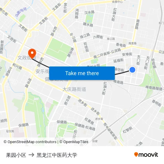 果园小区 to 黑龙江中医药大学 map