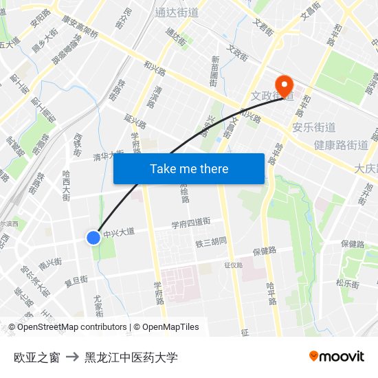 欧亚之窗 to 黑龙江中医药大学 map