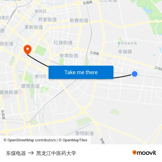 东煤电器 to 黑龙江中医药大学 map