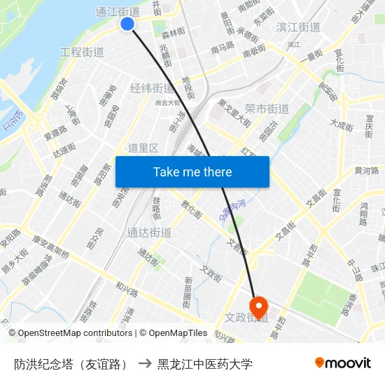 防洪纪念塔（友谊路） to 黑龙江中医药大学 map