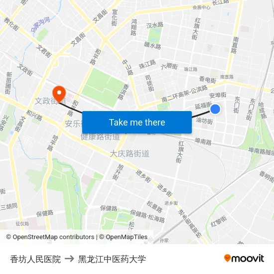 香坊人民医院 to 黑龙江中医药大学 map
